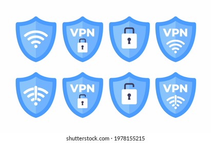 Wireless shield VPN wifi icon sign flat design vector illustration set. Wifi internet signal symbols in the security shield isolated on white background.