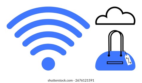 wireless signal, cloud, and shopping bag with price tag. Ideal for e-commerce, digital marketing, online shopping, internet services, cloud computing modern retail virtual markets. Line metaphor