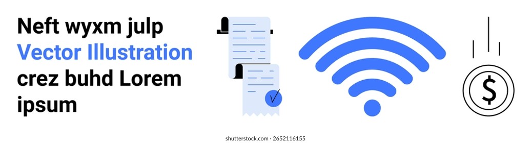 wireless signal icon, document share with clipboard, falling coin symbol. Ideal for technology, finance, communication, digital transactions, internet services, business strategies, mobile