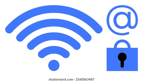 wireless signal icon, email symbol, and padlock graphic in blue. Ideal for technology, internet, communication, security, and digital privacy themes. Simple vector style