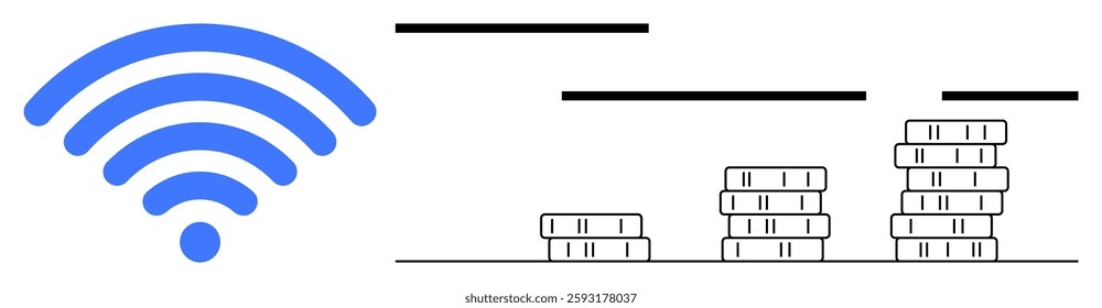 wireless signal icon next to increasing stacks of servers on a white background. Ideal for technology advancements, internet companies, networking services, data management, cloud storage