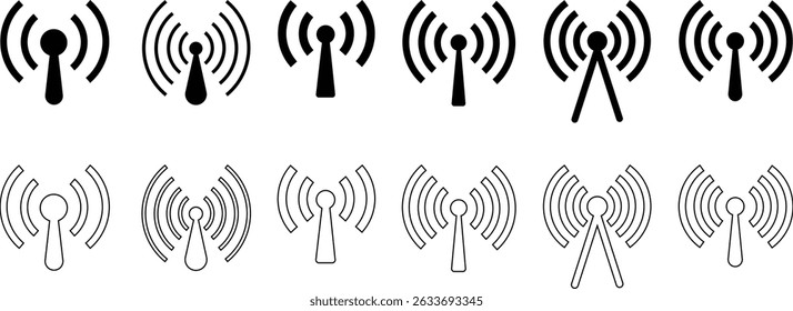 Ícones de sinal sem fio, Conjunto de símbolos de antena, Ícones de torre de rede, Ícone de força do sinal vetor, Silhueta de ondas de comunicação