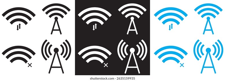 Wireless signal icons . includes wifi, antenna, radio, sound waves, perfect for tech design. Vector for websites, mobile interfaces, presentations, banner, visual branding etc. Vector illustration. 