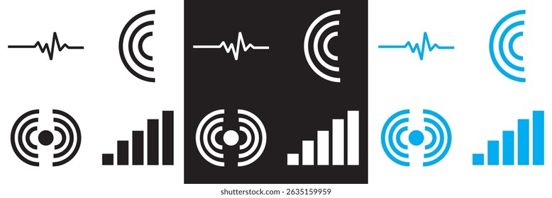 Wireless signal icons . includes wifi, antenna, radio, sound waves, perfect for tech design. Vector for websites, mobile interfaces, presentations, banner, visual branding etc. Vector illustration. 