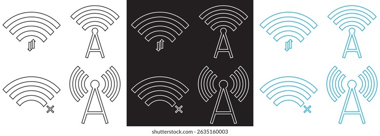 Wireless signal icons . includes wifi, antenna, radio, sound waves, perfect for tech design. Vector for websites, mobile interfaces, presentations, banner, visual branding etc. Vector illustration. 