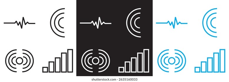 Wireless signal icons . includes wifi, antenna, radio, sound waves, perfect for tech design. Vector for websites, mobile interfaces, presentations, banner, visual branding etc. Vector illustration. 