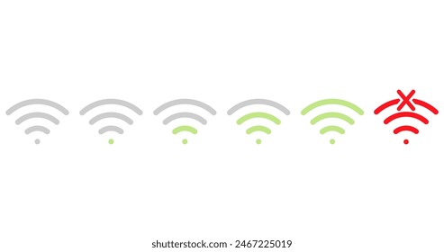 Signalpegel-Symbol für drahtlose Verbindungen gesetzt. Kein WiFi. Verschiedene Ebenen von Wi-Fi-Signal. Vektorillustration auf weißem Hintergrund