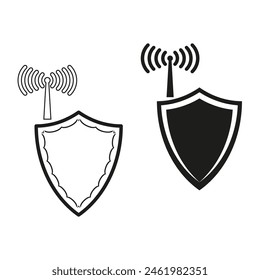 Vector de iconos de señal y escudo inalámbricos. Ilustración del concepto de seguridad WiFi. Protección de Internet y diseño de seguridad de red.