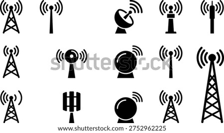 wireless signal tower icons set, communication antenna transmitters satellite dish network broadcast technology symbols collection for connectivity design, flat vector illustration