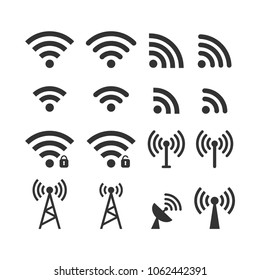 Wireless signal web icon set. Wi fi icons. Secured, unsecured, anthena, beacon password protected icons.