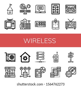 wireless simple icons set. Contains such icons as Tower, Television, Satellite, Smart city, Laptop, Joystick, Tablets, Tablet, Radio, Video card, can be used for web, mobile and logo