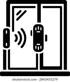 Wireless smart security system installed on a glass doorway with signal transmission icons