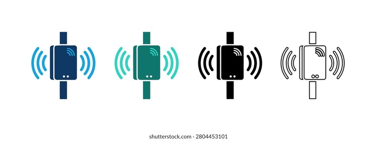 Wireless smart sensor icon set in four distinct styles. Features solid blue, teal, black, and outline versions. Ideal for smart city infrastructure, industrial automation, and networking technology projects. Professional vector graphics for software developers and system engineers.