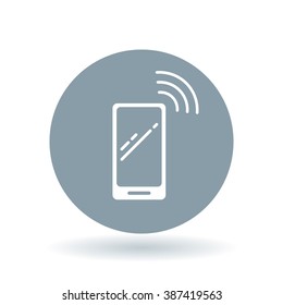 Wireless smartphone icon. Wifi mobile phone sign. Network cellphone symbol. White icon on cool grey circle background. Vector illustration.