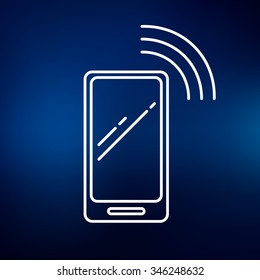 Wireless smartphone phone icon. Wifi cellphone sign. Device wireless internet connection symbol. Thin line icon on blue background. Vector illustration.