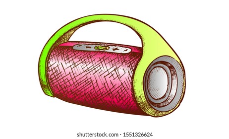 Wireless Speaker Digital Gadget Color Vector. Modern Wireless Audio Dynamic. Portable Music Accessory Loudspeaker Engraving Concept Mockup Designed In Vintage Style Illustration
