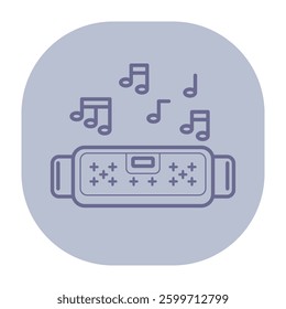 Wireless speaker with musical notes surrounding it, showcasing sound and activity. Music enjoyment concept