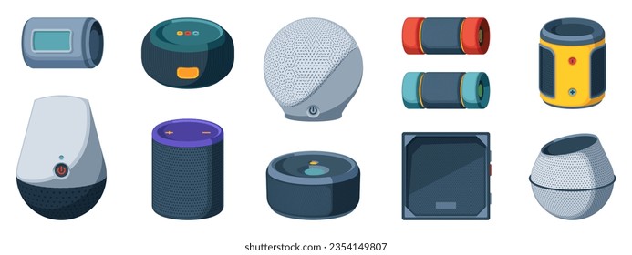 Wireless speakers. Outdoor smart phone and tablet accessories with voice recognition and streaming music, AI technology cartoon flat style. Vector isolated set of audio portable speaker illustration