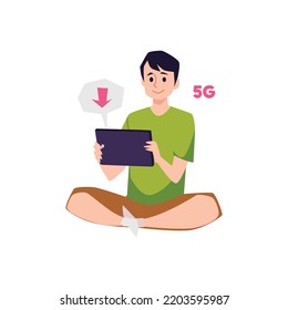 Wireless speed 5G telecommunication and cellular networks technology concept with man using laptop, flat cartoon vector illustration isolated on white background.