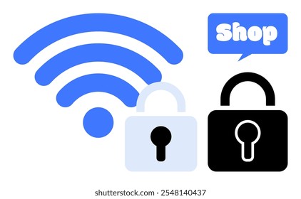 wireless symbol above two padlocks and a speech bubble with the word Shop. Ideal for online security, internet privacy, e-commerce, wireless networks, and data protection themes. Simple vector style