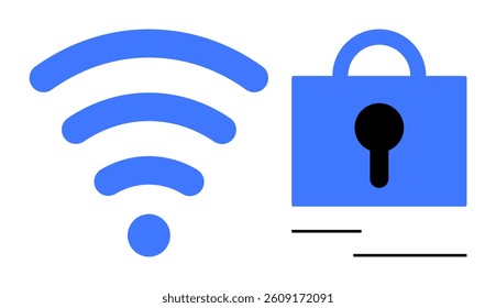 wireless symbol and a lock icon representing network security. Ideal for technology, wireless communication, security, internet access, and data protection themes. Flat design style. Blue and white