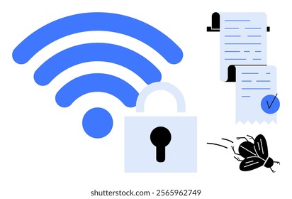 wireless symbol with lock, indicating security. Documents for paperwork and verification. Bug icon for fixing issues. Ideal for technology, cybersecurity, wireless security, document management