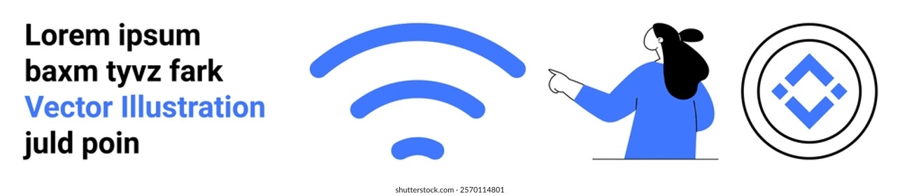 wireless symbol next to a person pointing at a circular logo on a white background. Ideal for technology, connectivity, digital communication, modern design, minimalism. Banner for landing page