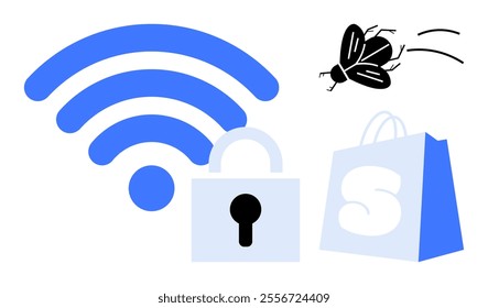 wireless symbol, padlock, bug, and shopping bag. Ideal for cybersecurity, online shopping, e-commerce, safe browsing, and technology. Clean, modern, minimalist style