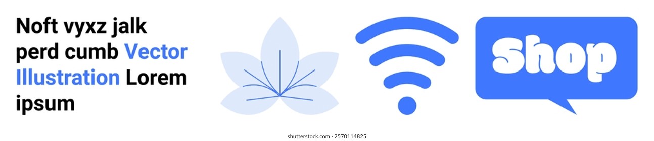 wireless symbol, shopping chat bubble, and flower icon in blue and light grey. Ideal for technology, e-commerce, nature, communication, and online shopping. Banner for landing page