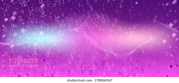 Wireless Tech Vector Background. Fractal Liquid Code Matrix Flying Binary Code. Purple Blue Pink Background. Punk Futuristic Slide. Technology Funky Music Design. Wireless Tech Banner