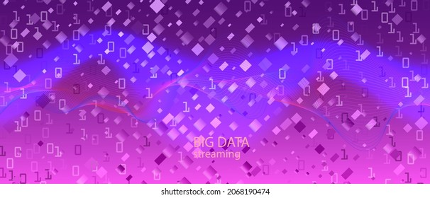 Wireless Tech Vector Equalizer. Blue Purple Pink Background. Punk Futuristic Slide. Matrix Flying Binary Code. Fractal Flow Code Neon Tech Grunge Music Template. Wireless Tech Banner