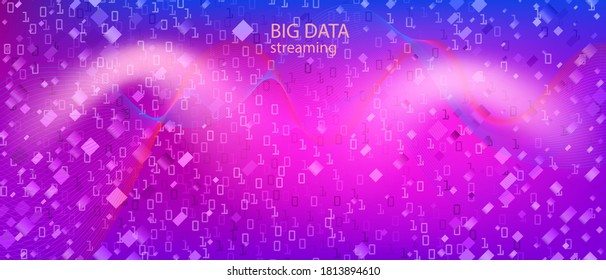 Wireless Tech Vector Presentation. Fractal Flow Glow Digital Futuristic Slide. Pink Blue Purple Background. Technology Funky Minimal Template. Matrix Flying Binary Code. Wireless Tech Banner