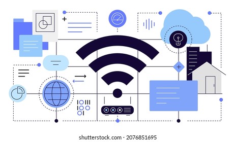 Wireless technologies. Cloud services and internet connection. Remote control. Abstract scheme. Flat illustration. Vector file.