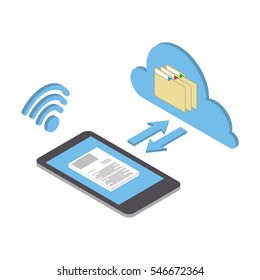 Wireless technologies. Data, documents and applications from the cloud. Vector isometric illustration
