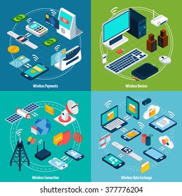 Wireless technologies design concept set with payment and data exchange devices isometric icons isolated vector illustration 