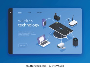 Tecnologías inalámbricas Banner isométrico o página de aterrizaje con enlaces y obtener más ilustraciones vectoriales de botón