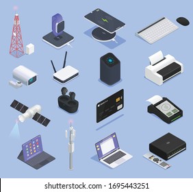 Wireless technologies isometric icon set with laptop receiver switcher scanner and other equipment vector illustration