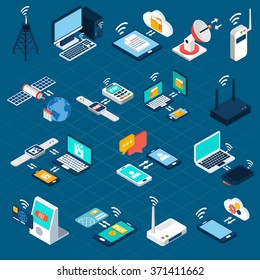 Wireless Technologies Isometric Icons Set With Mobile Communication Devices 3d Vector Illustration