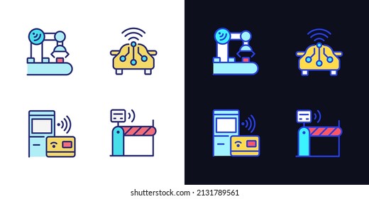 Wireless technologies pixel perfect light and dark theme color icons set. Remote device control. Internet of Things. Simple filled line drawings. Bright cliparts on white and black. Editable stroke