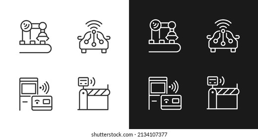 Wireless technologies pixel perfect light and dark theme color icons set. Remote device control. Internet of Things. Simple filled line drawings. Bright cliparts on white and black. Editable stroke