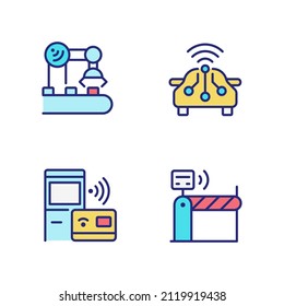 Wireless technologies pixel perfect RGB color icons set. Remote device control. Internet of Things. Isolated vector illustrations. Simple filled line drawings collection. Editable stroke