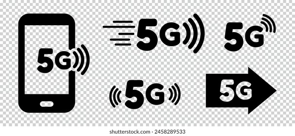 Conjunto De Iconos 5G De Tecnología Inalámbrica - Diferentes Ilustraciones vectoriales Aisladas Sobre Fondo Transparente
