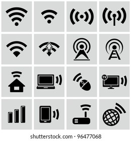 Wireless technology, black web icons set.