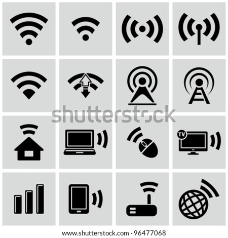 Wireless technology, black web icons set.