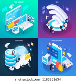Wireless technology concept 4 glow isometric compositions with cloud storage voice assistant service wireless payment vector illustration 