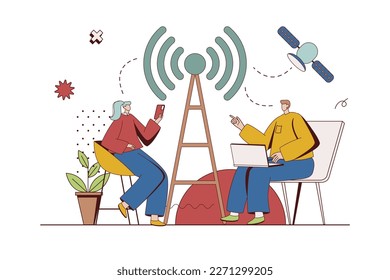 Wireless technology concept with character situation in flat design. Woman and man using wifi hotspot to get internet access from smartphone or laptop. Vector illustration with people scene for web
