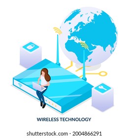 Wireless technology concept, global Wi-Fi and mobile networks. Girl is sitting with a laptop on the router and has access to the Internet. Vector illustration in isometric style on white background.