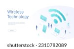 Wireless technology concept. People use wifi hotspot to get internet access from, online connection. 3d isometric web landing page. Vector illustration for web template design.