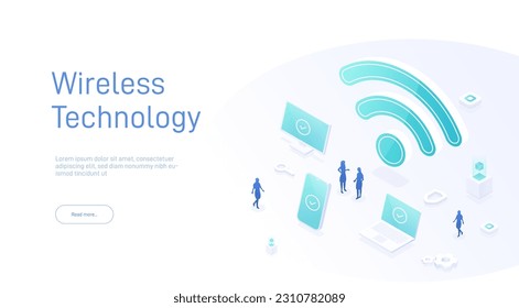 Wireless technology concept. People use wifi hotspot to get internet access from, online connection. 3d isometric web landing page. Vector illustration for web template design.