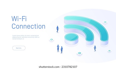 Wireless technology concept. People use wifi hotspot to get internet access from, online connection. 3d isometric web landing page. Vector illustration for web template design.